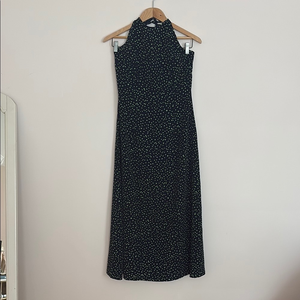 Vintage-Inspired Black Halter Midi Dress – Green Micro Polka Dots, Sleeveless, E